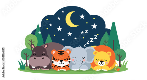 Flat style illustration of baby animals sleeping under moon and stars, ideal for bedtime stories, nursery decor, and calming kids illustration themes