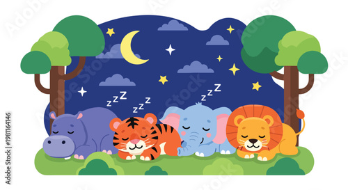 Flat style illustration of baby animals sleeping under moon and stars, ideal for bedtime stories, nursery decor, and calming kids illustration themes