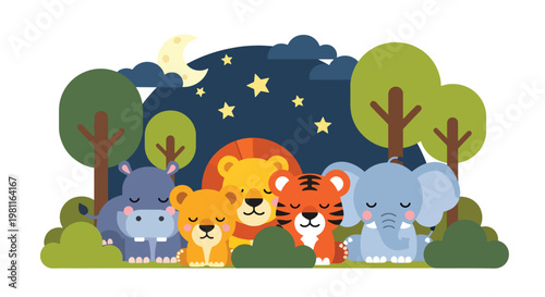 Flat style illustration of baby animals sleeping under moon and stars, ideal for bedtime stories, nursery decor, and calming kids illustration themes