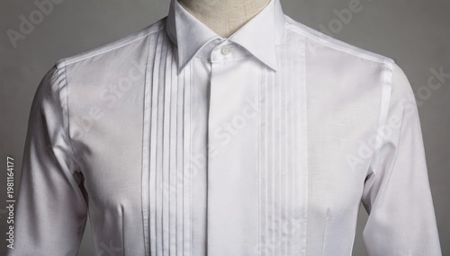 Closeup medium shot of a structured tuxedo shirt featuring a classic bib front emphasizing the smooth panel perfect for refined formal events and prestigious occasions.
