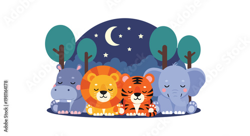 Flat style illustration of baby animals sleeping under moon and stars, ideal for bedtime stories, nursery decor, and calming kids illustration themes