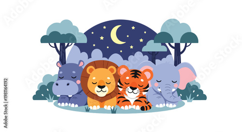 Flat style illustration of baby animals sleeping under moon and stars, ideal for bedtime stories, nursery decor, and calming kids illustration themes