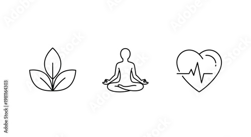 Lotus position leaf and heart with an electrocardiogram silhouette