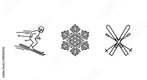 Skiing snowflake and skis depicted in a minimalist line art silhouette