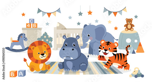 Flat style illustration of baby animals in nursery room with toys, perfect for baby products, interior decor, and soft kids themed illustrations