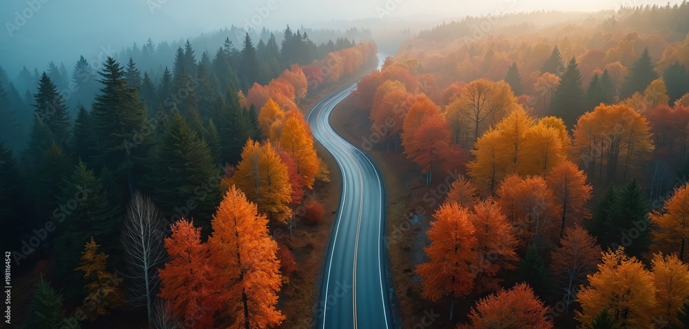 Obraz premium Aerial drone view of winding asphalt road through vibrant autumn forest. Tall green pine trees stand beside deciduous trees with bright orange, yellow foliage. Sky hazy with soft sunlight filtering