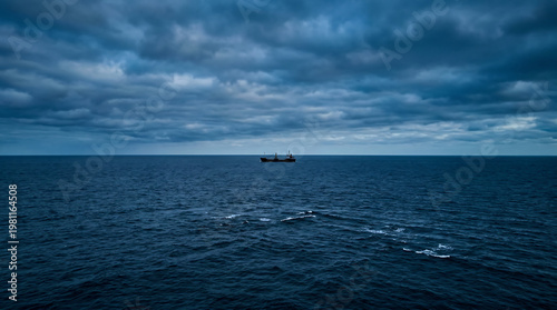 Minimalist scene of a lone ship in an endless blue ocean, symbolizing solitude and calmness