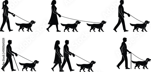 Silhouetted people walking dogs on leashes, showcasing companionship, lifestyle, daily activity, pet care, and expressive human‑animal interaction on white background