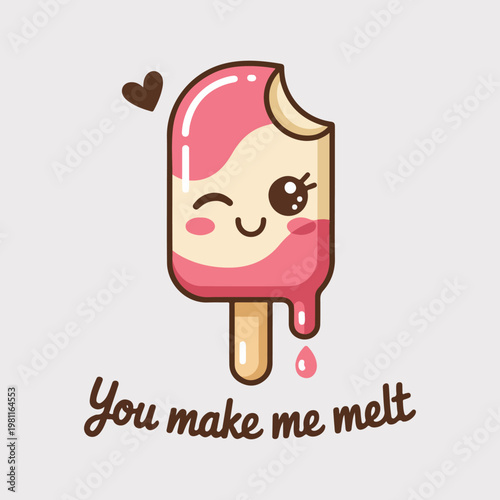 Cute melting pink ice cream, cartoon dessert, sweet treat, vector illustration