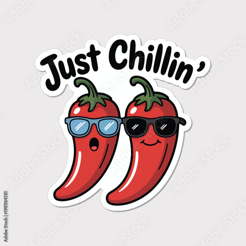 Funny chili pepper stickers, cartoon chill peppers, Just Chillin' humor, red hot chili characters