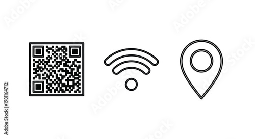 Qr code wifi signal and map marker in a linear silhouette