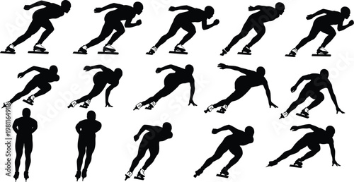 Speed skating silhouettes set featuring professional athletes racing and gliding in aerodynamic poses on ice isolated on white background for winter sports designs