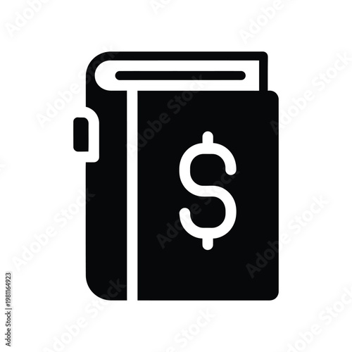 Minimalist black dollar sign book icon for finance and business concepts