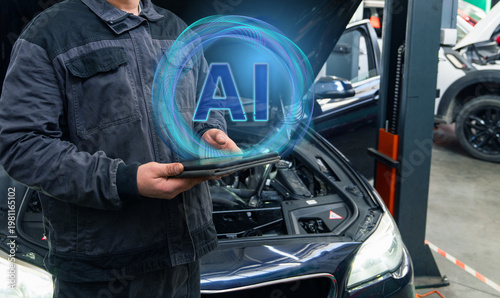 Konstfotografi Car mechanic using AI diagnostic interface and augmented reality for vehicle rep