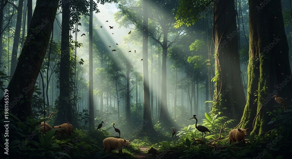 Naklejka premium Sunlight filtering through a dense, mystical forest with lush greenery.