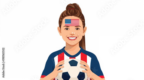 illustration of a girl with soccer ball with american flag painted on forehead