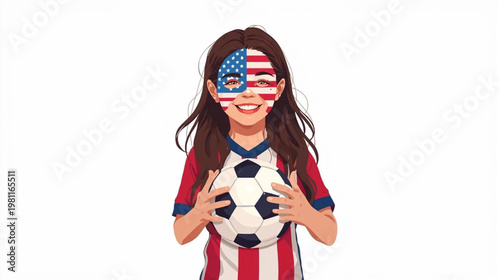 illustration of a girl with soccer ball with american flag painted on face