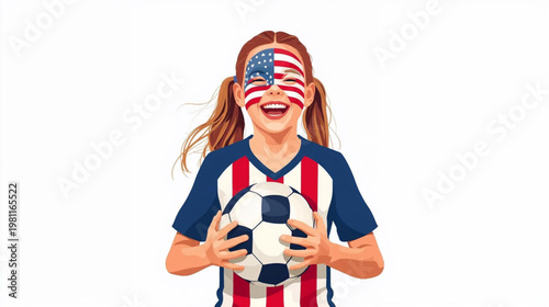 illustration of a girl with soccer ball with american flag painted on face