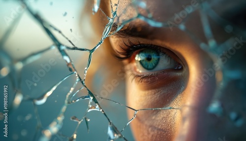 Eye gazes through shattered glass, suggesting distorted perception and vulnerability. Sharp fragments create a fractured view. Concepts include trauma, crisis, anxiety, and psychological impact.