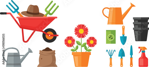 Gardening tools and equipment set including wheelbarrow, watering can, shovel, pots and flowers isolated on white background illustration