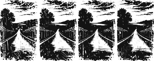 Rustic countryside road and trees black and white woodcut illustration set in vintage