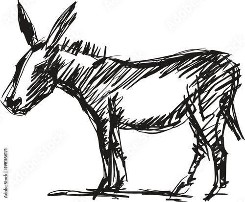 hand drawn donkey sketch in black ink with simple lines and shading, rustic farm animal illustration