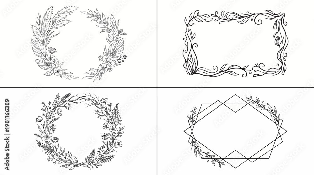 Obraz premium Boho Wedding Frame Vector Set – 4 Floral Rustic Border Designs in Clean Grid Layout