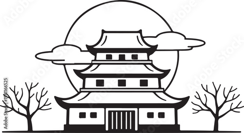 Traditional Japanese house outline vector Asian architecture building icon cultural heritage structure clean line design