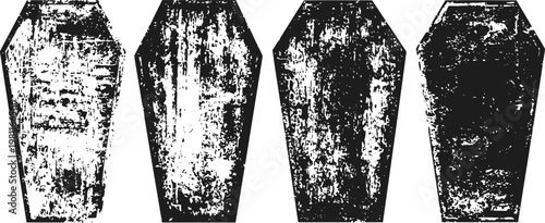 Grunge vintage coffin silhouettes set four black textured coffin shapes with distressed rough edges