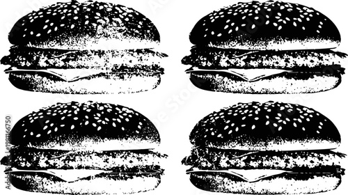 Four black and white hamburger illustrations with sesame seed buns and classic fillings