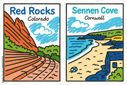 Φωτογραφία Retro Travel Posters: Red Rocks Colorado and Sennen Cove Cornwall vector illustr