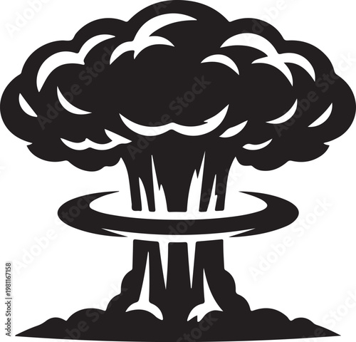 Minimal monochrome mushroom cloud icon representing nuclear explosion atomic blast catastrophic disaster warfare concept and global destruction symbol
