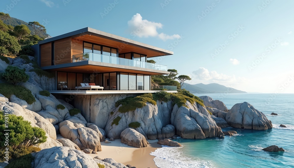 Obraz premium Modern luxury villa sits on rocky cliff overlooking tranquil blue ocean. This stylish home features wood accents glass balconies and spacious interiors with scenic sea views for ultimate relaxation.