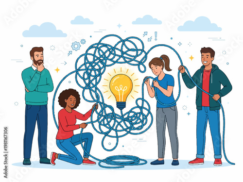 Diverse group of people collaborating and untangling a complex blue rope around a glowing light bulb representing a shared idea or solution during a brainstorming session