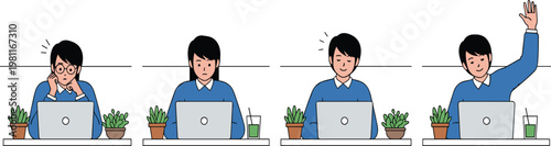 Set of Flat Vector Illustrations Featuring Students Working on Laptops with Different Expressions and Hand GesturesSet of Flat Vector Illustrations Featuring Students Working on Laptops with Different