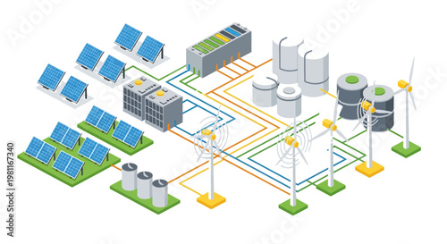 Isometric Renewable Energy System Vector Illustration with Solar Panels, Wind Turbines, and Modern Smart Grid Infrastructure
