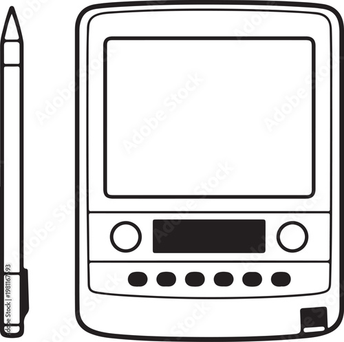 Minimalist outline vector icon of vintage personal digital assistant with stylus representing retro mobile technology handheld device and digital communication era