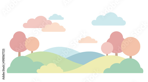 Colorful hills and trees landscape.