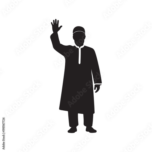 Muslim man waving hand for greeting or saying hello silhouette icon vector flat design