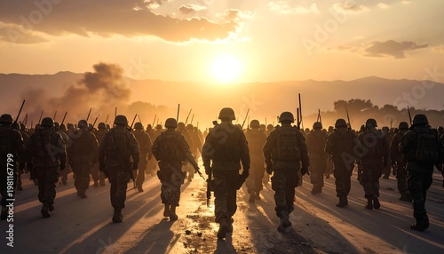 Silhouette of soldiers marches towards bright sunrise, creating dramatic shadows on a dusty landscape
