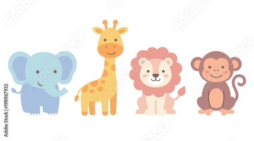 Cartoon animals standing together.