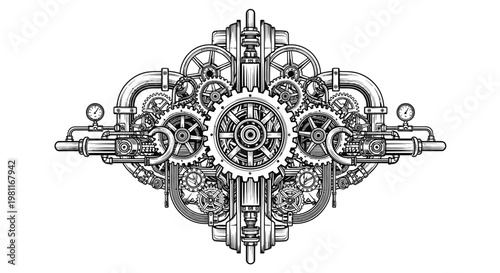 Elaborate Steampunk Industrial Machine Design with Complex Gears and Intertwined Pipes, Isolated White Background