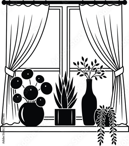 Window with Curtains and Potted Plants Silhouette