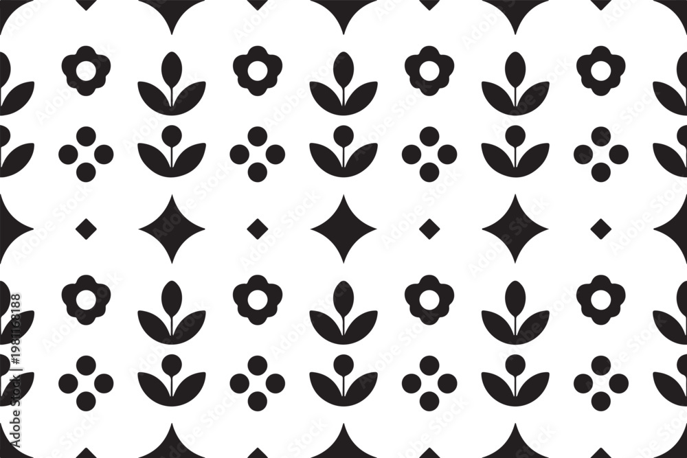 Fototapeta premium Minimal Floral Pattern Vector, Black and White Decorative Seamless Design for Textile, Packaging and Background