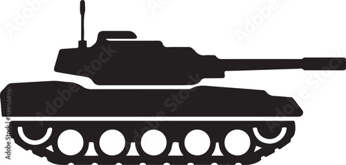Minimal monochrome silhouette heavy military tank icon isolated on white background representing armored combat vehicle battlefield weapon and defense machinery