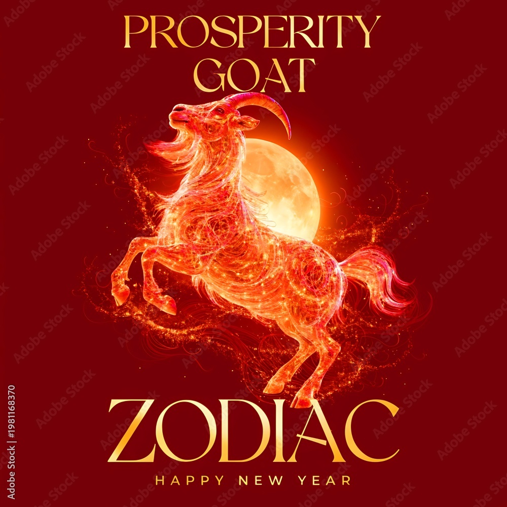 Fototapeta premium Fiery goat illustration for chinese new year celebration with full moon good luck eastern culture dark background animal spirit animal symbol celebration astrology mythology