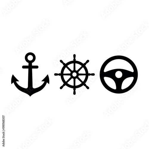 Set of Three Transport Icons: Anchor, Ship's Wheel, and Car Steering Wheel