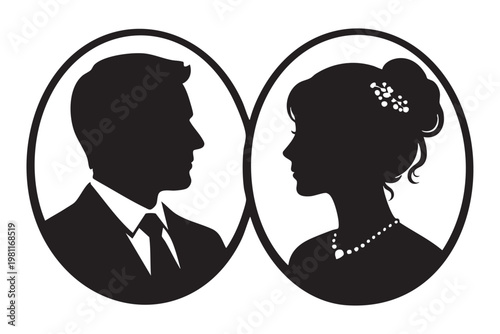 Elegant cameo silhouettes a couple in profile vintage style