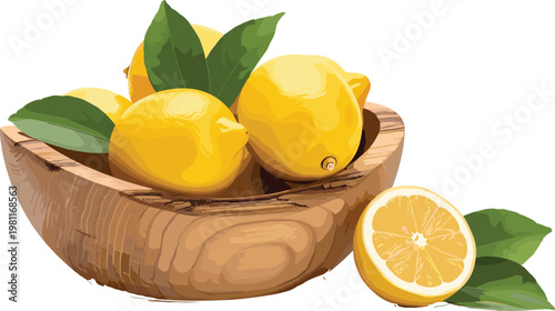 Fresh lemons in wooden bowl with leaves and sliced citrus fruit isolated on white background for healthy food design