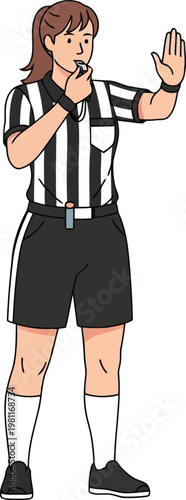 A female sports referee in a striped uniform blowing a whistle and signaling to stop